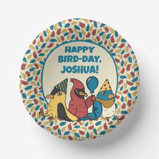 Happy Bird Day Cartoon Birds thema Verjaardag Papieren Kommen (Voorkant)