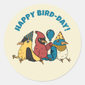Happy Bird Day Cartoon Birds thema Verjaardag Ronde Sticker (Voorkant)