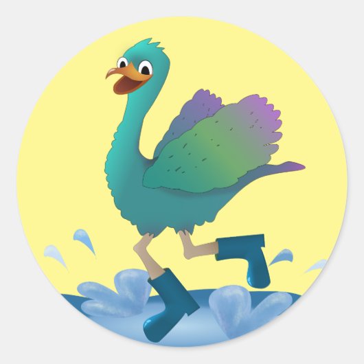 Happy Bird Splashing In Puddle Cartoon Plezier Ronde Sticker (Voorkant)