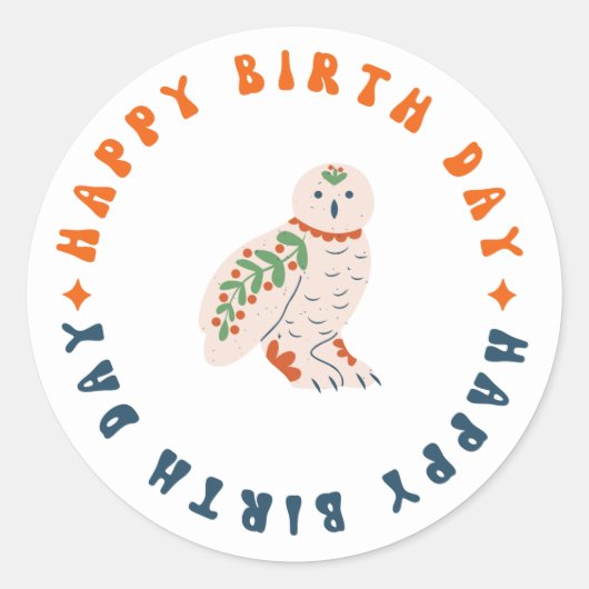 Happy Birth Day Wild Uil Ronde sticker (Voorkant)