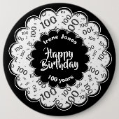 Happy Birthday, 100th Black/White Number Pattern Ronde Button 6,0 Cm (Voorkant)