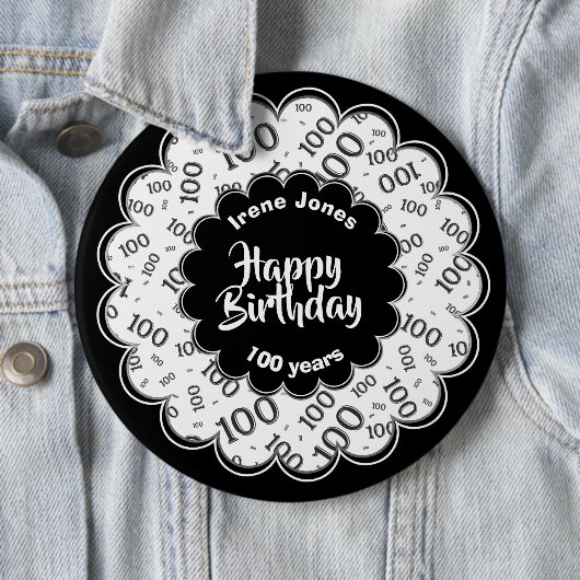 Happy Birthday, 100th Black/White Number Pattern Ronde Button 6,0 Cm (In situ)