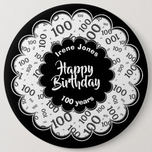 Happy Birthday, 100th Black/White Number Pattern Ronde Button 6,0 Cm