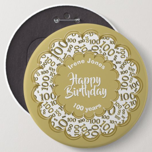 Happy Birthday, 100th Gold/White Number Pattern Ronde Button 6,0 Cm (Voorkant /achterkant)