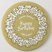 Happy Birthday, 100th Gold/White Number Pattern Ronde Button 6,0 Cm (Voorkant)