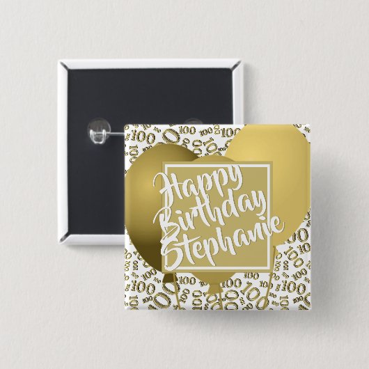 Happy Birthday - 100th Number Pattern White/Gold Vierkante Button 5,1 Cm (Voorkant /achterkant)
