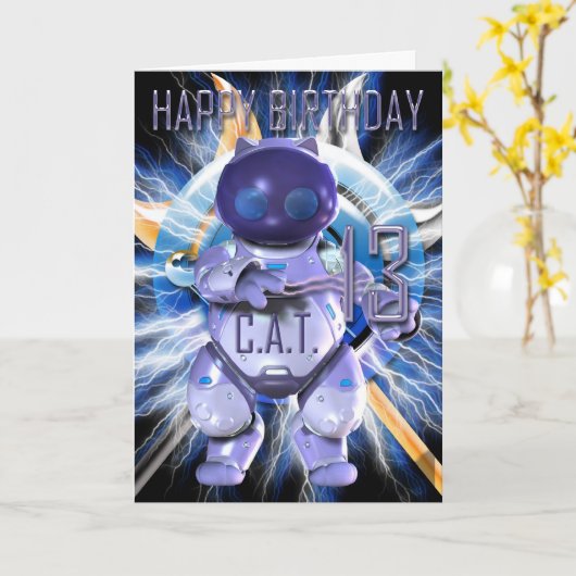 Happy Birthday 13th, Robot Cat, Techno Modern Kaart (Gele Bloem)