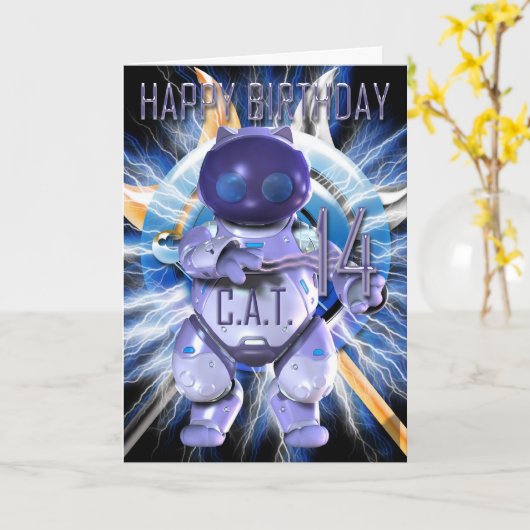 Happy Birthday 14th, Robot Cat, Techno Modern Kaart (Gele Bloem)