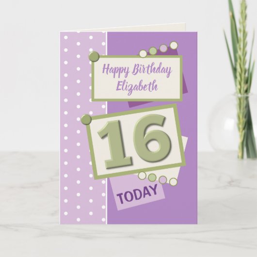 Happy Birthday 16 vandaag paarse en groene Kaart (Voorkant)