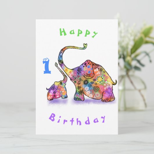 Happy Birthday 1 - Happy Mama and Baby Elephant (Staand voorkant)