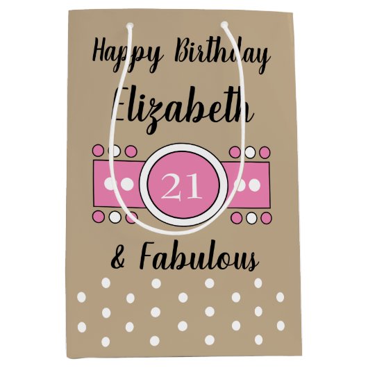 Happy Birthday 21 en geweldig bruin roze Medium Cadeauzakje (Voorkant)