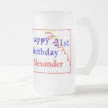 Happy Birthday 21st personalize Matglas Bierpul<br><div class="desc">Deze leuke bierbrouwerij-mok kan gepersonaliseerd worden met naam en leeftijd. Happy Birthday met confetti en wimpels maakt van deze mok een perfect Birthday cadeau voor iemand speciaal. Vul het met een zak snoep.</div>