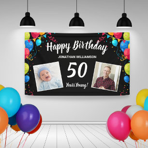 Happy Birthday, 2 foto's, elke leeftijd, vun ballo Spandoek