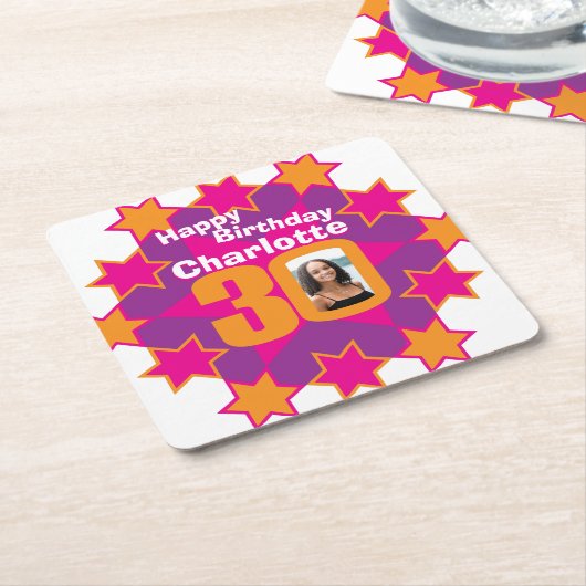 Happy birthday 30e naam en fotopapier onderzetters (Schuin)