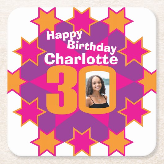 Happy birthday 30e naam en fotopapier onderzetters (Voorkant)