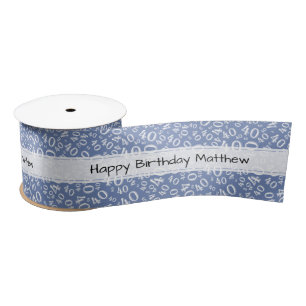 "Happy Birthday" 40 Number Pattern Blue/White 40th Satijnen Lint