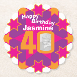 Happy birthday 40e naam en fotopapier onderzetters