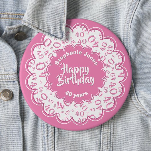 Happy Birthday, 40th roze/White Number Pattern Ronde Button 6,0 Cm (In situ)