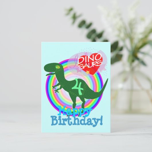 Happy Birthday 4 Years T-Rex Dino Postcard Briefkaart (Staand voorkant)