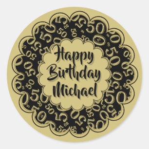 Happy Birthday 50th Cool Number Pattern Gold/Black Ronde Sticker