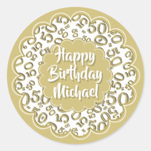 Happy Birthday 50th Cool Number Pattern Gold/White Ronde Sticker