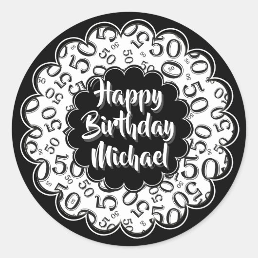 Happy Birthday 50th Number Pattern Black and White Ronde Sticker (Voorkant)