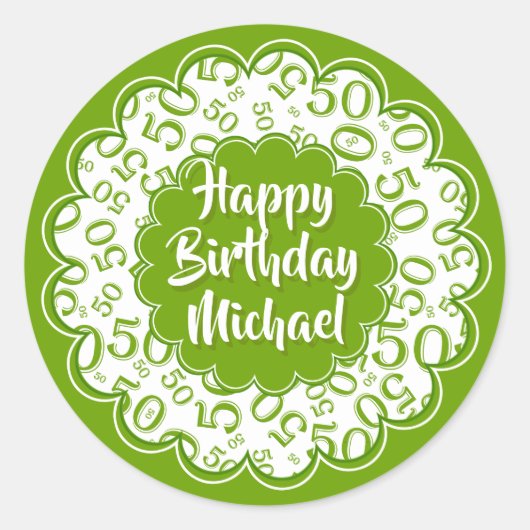 Happy Birthday 50th Number Pattern Green/White Ronde Sticker (Voorkant)