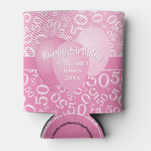 Happy Birthday 50th Number Pattern Pink/White 50 Blikjeskoeler (Voorkant)