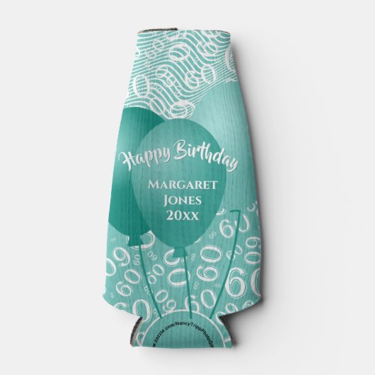 Happy Birthday 60th Number Pattern Blauwgroen en w Flesjeskoeler (Voorkant)
