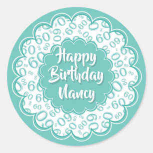 Happy Birthday 60th Number Pattern Blauwgroen en w Ronde Sticker