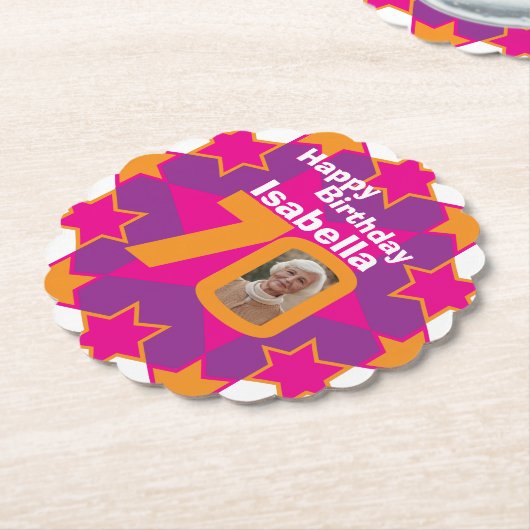 Happy birthday 70e naam en fotopapier onderzetters (Gekanteld)