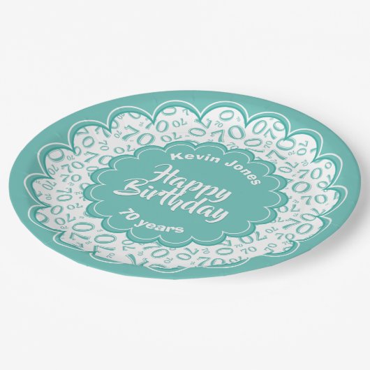 Happy Birthday 70th Blauwgroen/White Number Patter Papieren Bordje (Gekanteld)