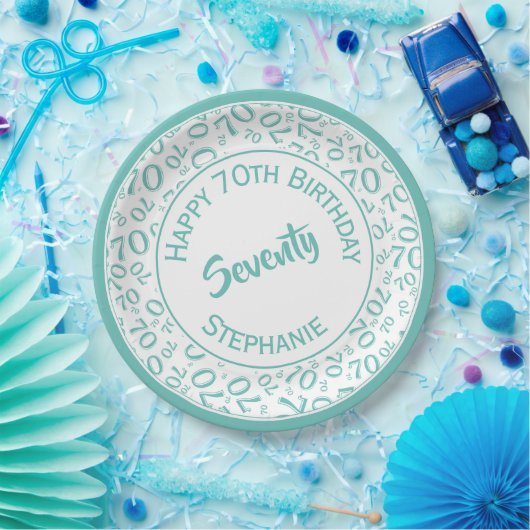 Happy Birthday 70th Blauwgroen/White Number Patter Papieren Bordje (Feest)