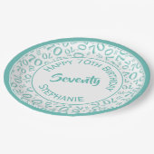 Happy Birthday 70th Blauwgroen/White Number Patter Papieren Bordje (Gekanteld)