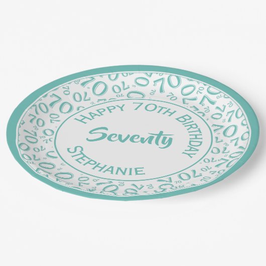 Happy Birthday 70th Blauwgroen/White Number Patter Papieren Bordje (Gekanteld)