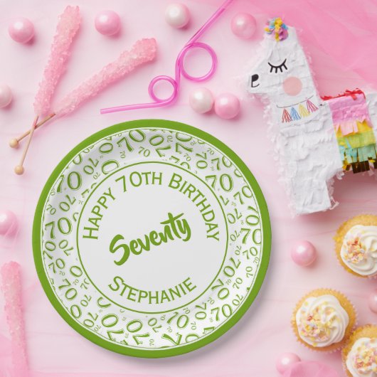 Happy Birthday 70th Green/White Number Pattern Papieren Bordje (Feest)
