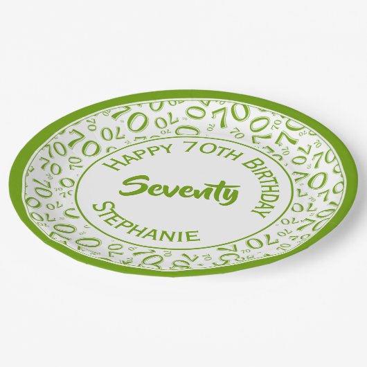 Happy Birthday 70th Green/White Number Pattern Papieren Bordje (Gekanteld)