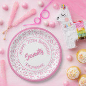 Happy Birthday 70th roze/White Number Pattern Papieren Bordje (Feest)
