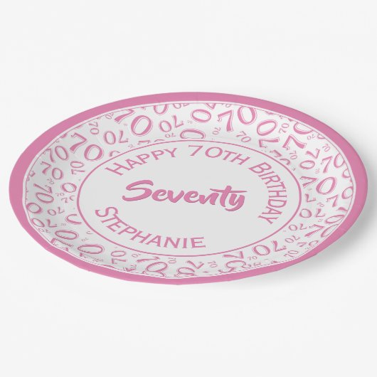 Happy Birthday 70th roze/White Number Pattern Papieren Bordje (Gekanteld)