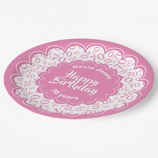 Happy Birthday 70th roze/White Number Pattern Papieren Bordje (Gekanteld)