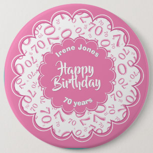 Happy Birthday, 70th roze/White Number Pattern Ronde Button 6,0 Cm
