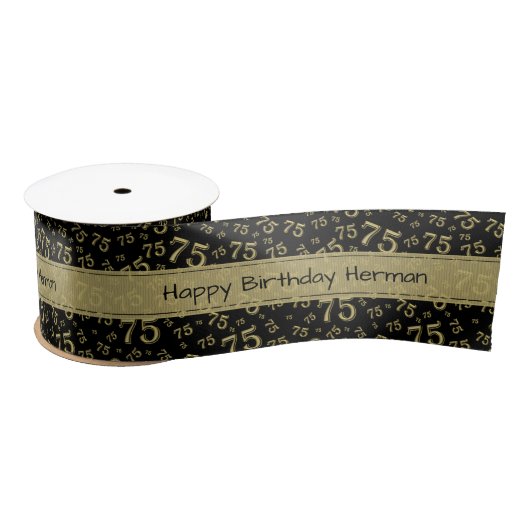 Happy Birthday 75 Number Pattern Black/Gold Satijnen Lint (Spoel)