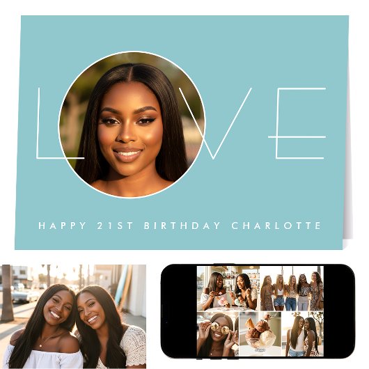 Happy Birthday 7 Photo Collage Love Elegant Blue Kaart