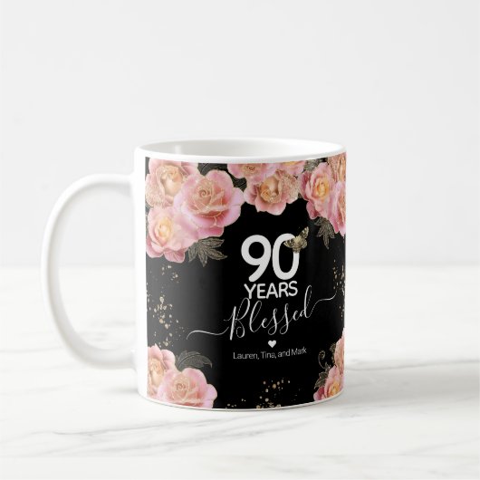 Happy Birthday 90 jaar gebluste roze koffie Koffiemok (Links)