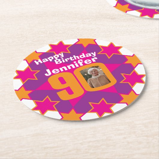 Happy birthday 90 naam en fotopapier onderzetters (Gebogen)