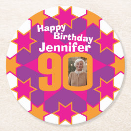 Happy birthday 90 naam en fotopapier onderzetters