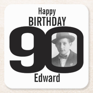 Happy birthday 90e naam en fotopapier onderzetters