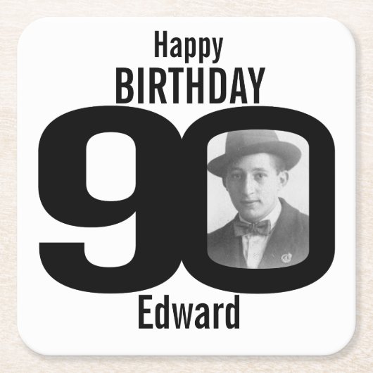 Happy birthday 90e naam en fotopapier onderzetters (Voorkant)