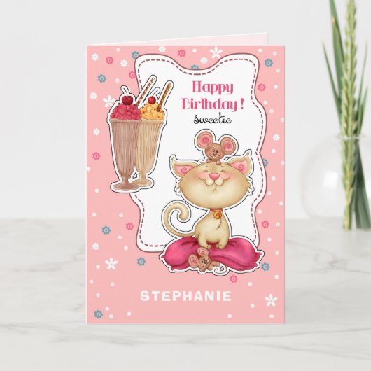 Happy Birthday. Aangepaste naam | Funny Kat and Mi Kaart (Voorkant)