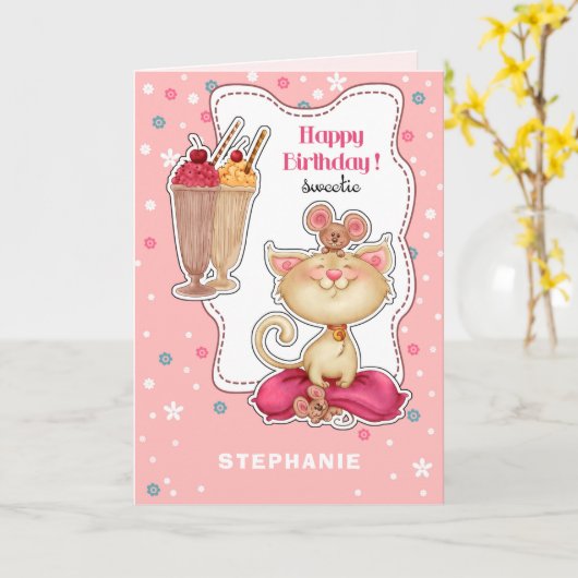 Happy Birthday. Aangepaste naam | Funny Kat and Mi Kaart (Gele Bloem)